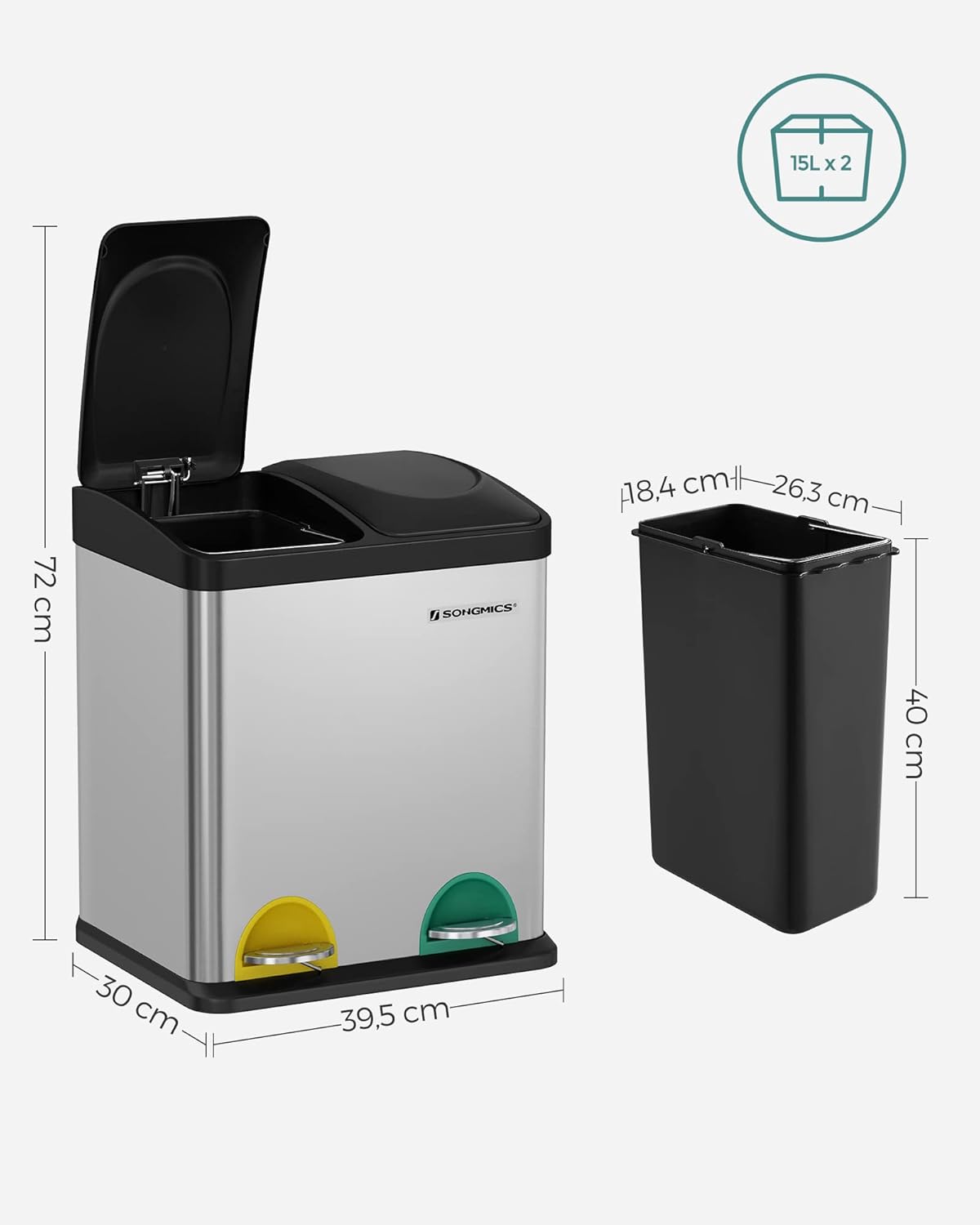 Detalle de SONGMICS Pattumiera di riciclaggio 30 l con 2 pedali e 2 scomparti (2 x 15 l) in argento e nero