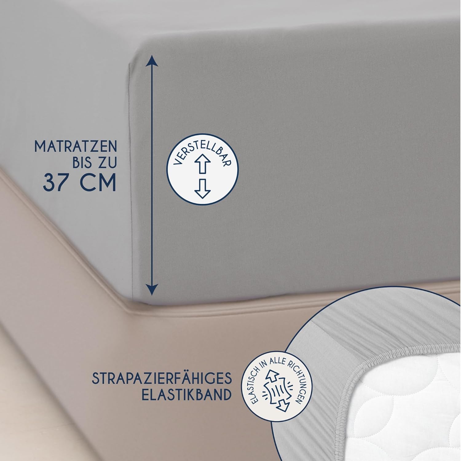 Detalle de Dreamzie Premium Spannbettlaken 180x200 cm / 200x200 cm – 37 cm Seitenhöhe – 100% Jersey Baumwolle, OEKO-TEX Grau