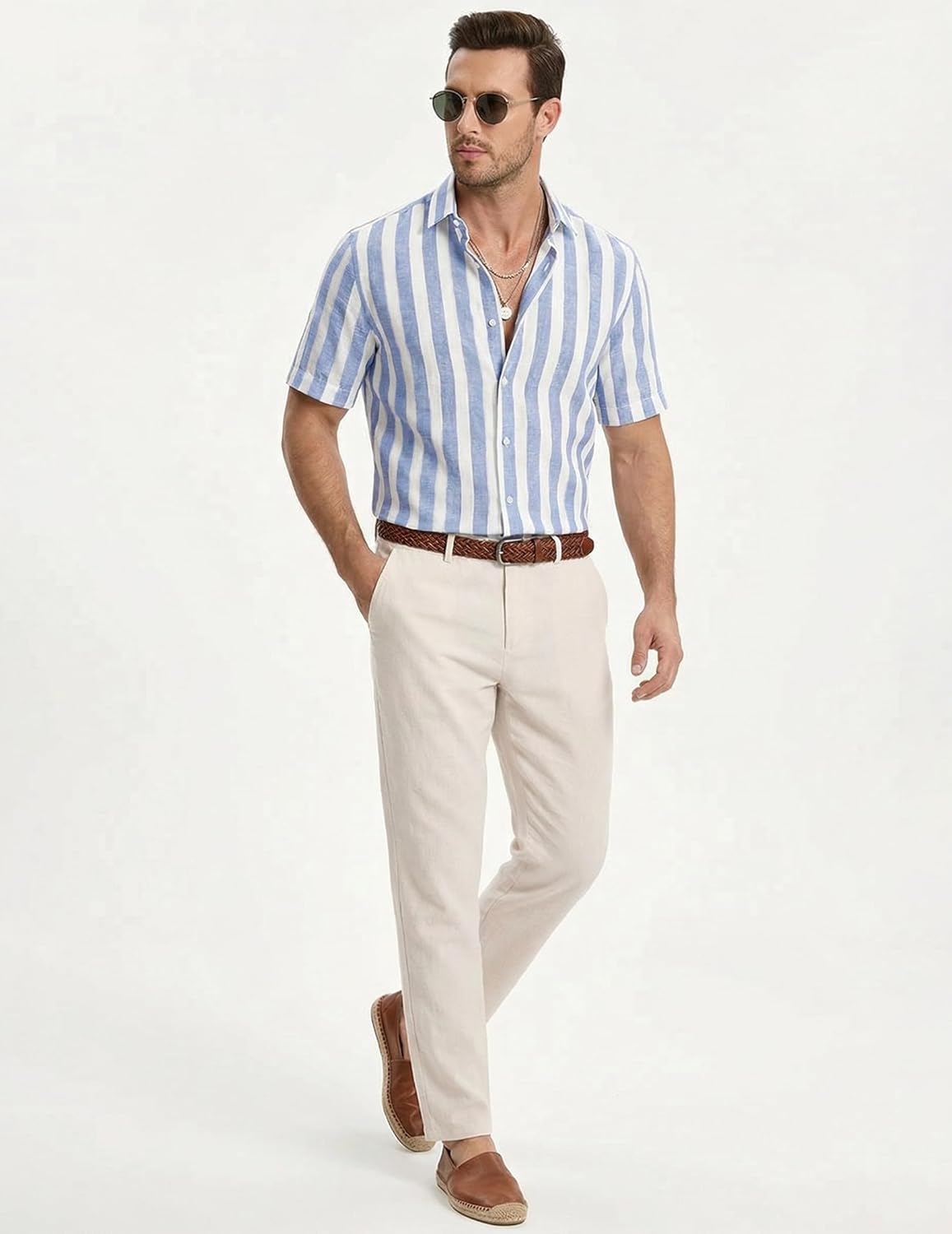 Detalle de JMIERR Men's Casual Stylish Short Sleeve Button-Up Striped Dress Shirt