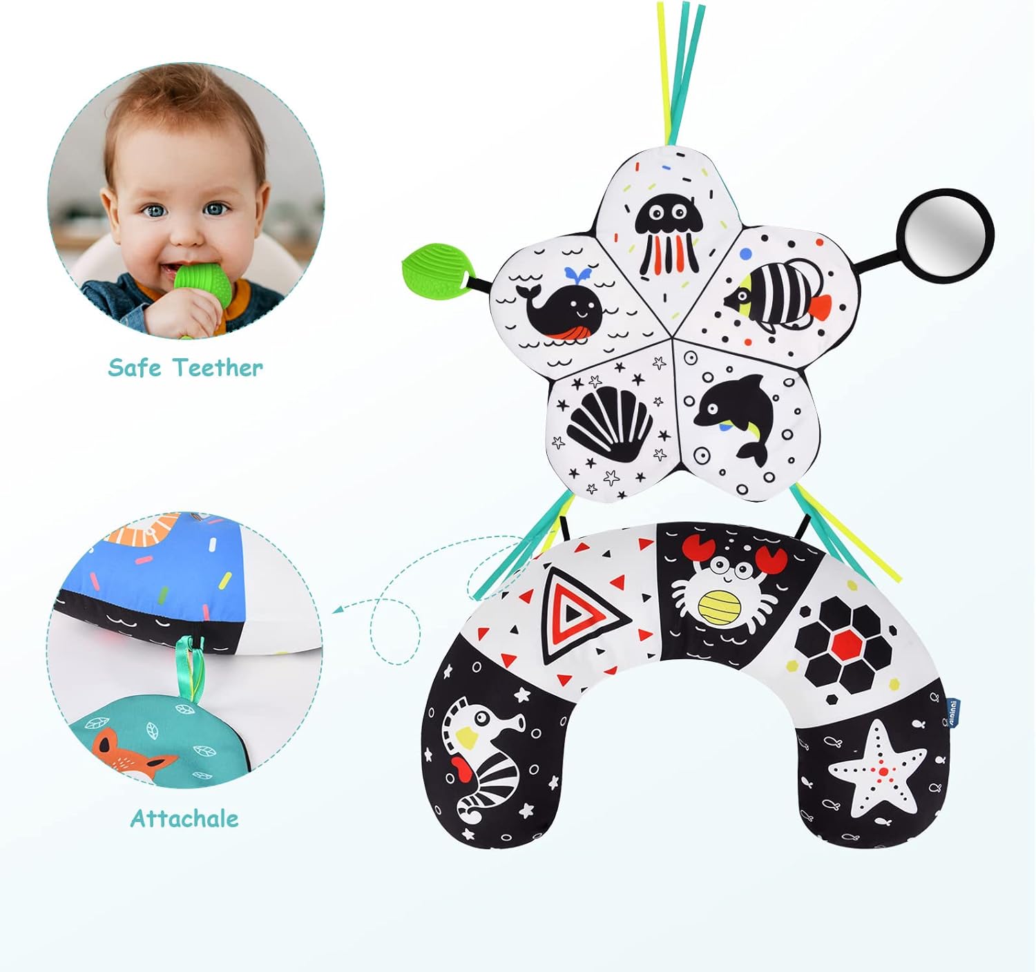 Detalle de Aolso 3 in 1 Tummy Time Pillow: cuscino per allattamento con giocattoli, massaggiagengive e specchio per neonati