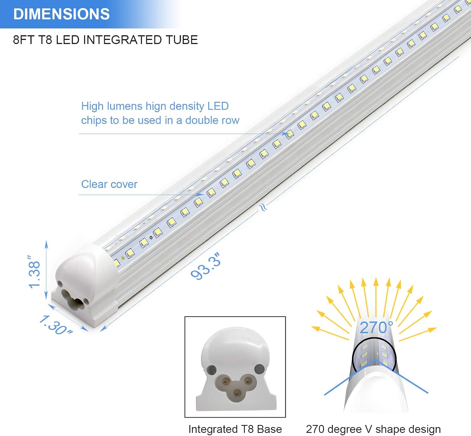Detalle de Phiwicsh 8-Foot LED Shop Light Fixtures, 90W, 6500K, 10-Pack