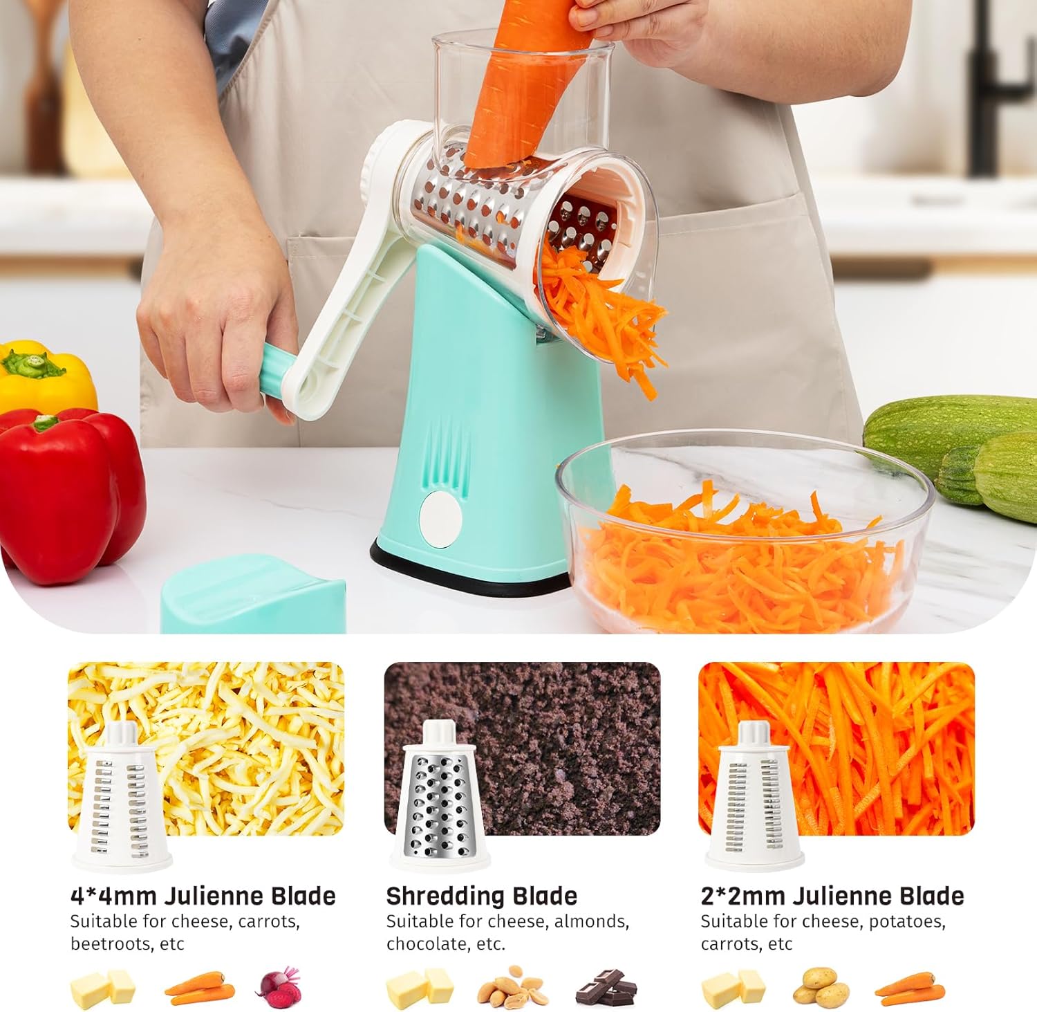 Thumbnail 3 de Nexsujo 5-in-1 Rotary Cheese Grater Hand Crank with 5 Interchangeable Blades