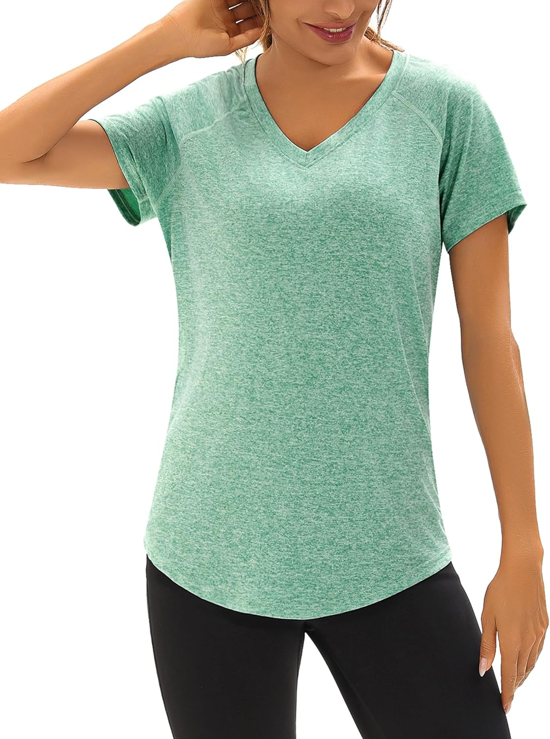 Thumbnail 1 de Wayleb Damen Sportshirt Kurzarm mit V-Ausschnitt und Mesh-Rückenteil – atmungsaktives Laufshirt für Fitness, Yoga & Sommer