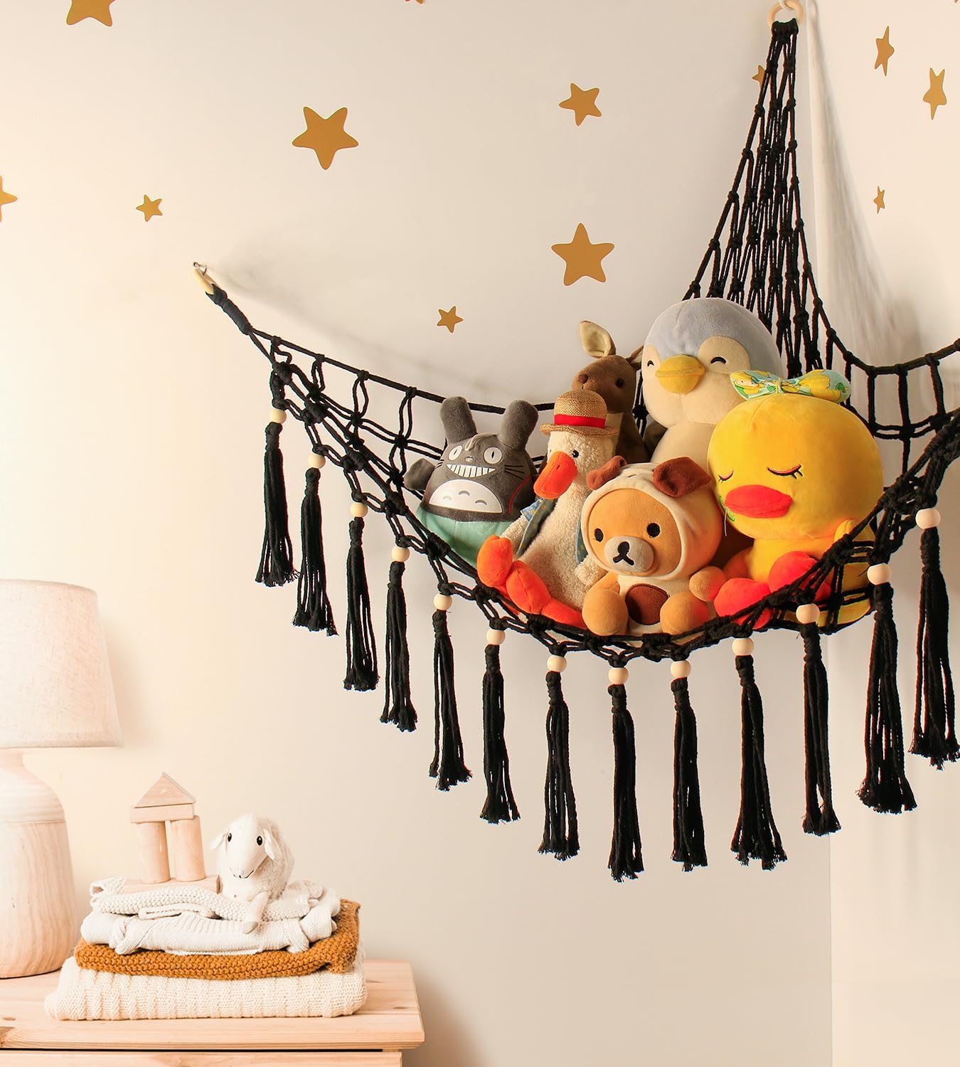 Detalle de Stuffed Animal Toy Storage Hammock with LED Light – Macrame Jumbo Corner Organizer