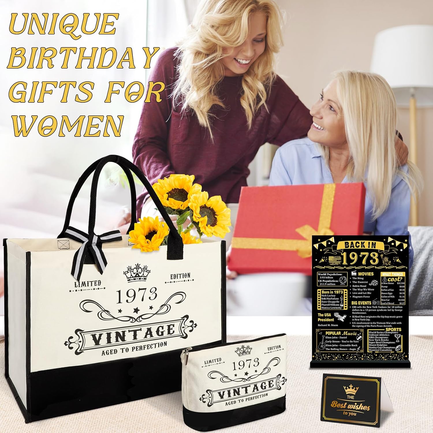 Thumbnail 6 de YeohJoy 53rd Birthday Gifts Set Canvas Tote Bag, Cosmetic Bag & “Back in 1973” Poster