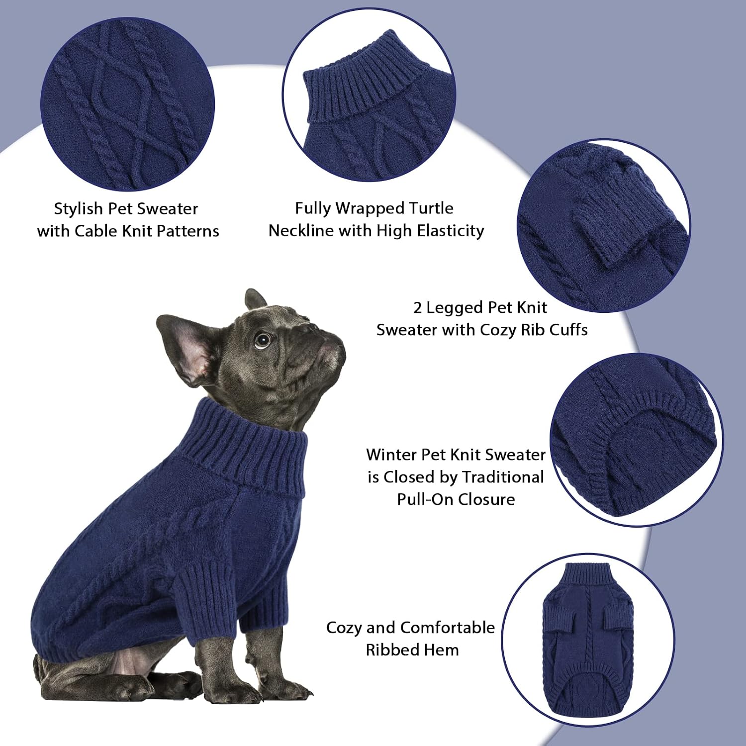 Detalle de Queenmore XS Dog Jumper Knitted Pet Sweater (Turtleneck) – Navy, XS