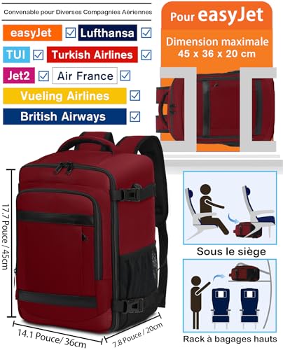 Detalle de KLOSTAIN Sac à Dos Voyage Cabine Avion 45x36x20 cm – 30 L, 14'' PC, Rouge