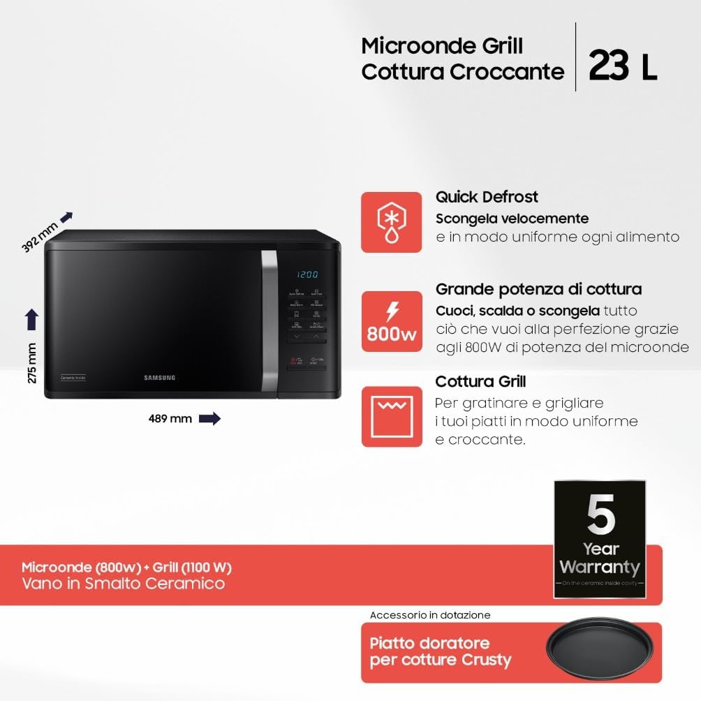 Detalle de Samsung MG23K3523CKE1 forno a microonde con grill e piatto doratore, 23 L