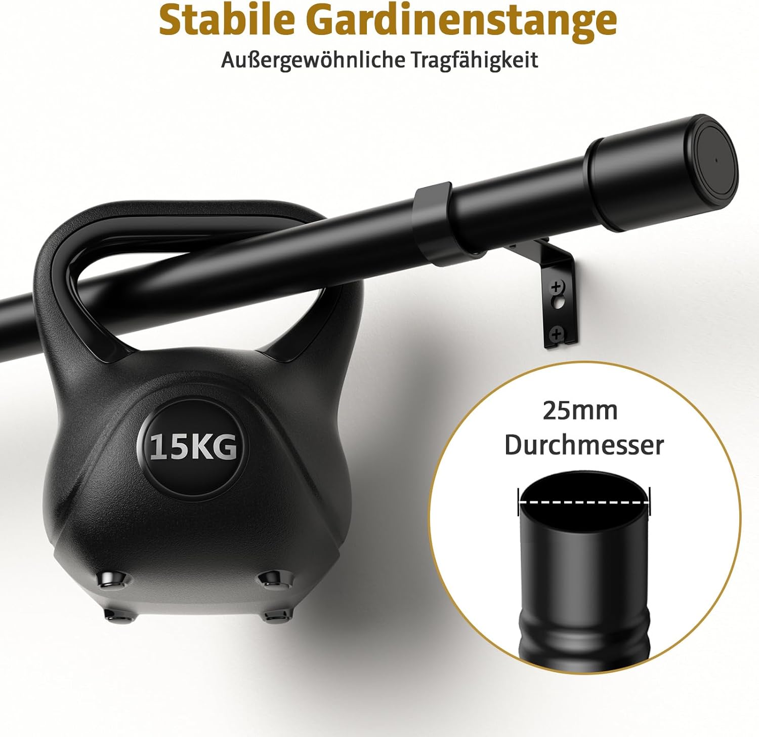 Detalle de PeSenp Gardinenstange Schwarz 76–325 cm, 25 mm Durchmesser – ausziehbar, rostbeständig, mattes Metallfinish