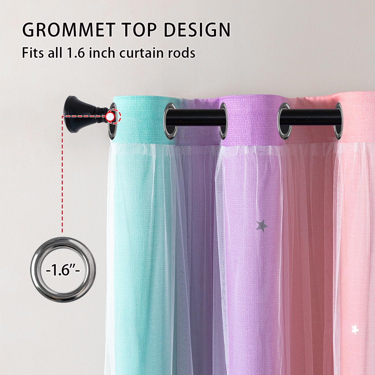 Thumbnail 4 de XiDi Rainbow Unicorn Curtains for Girls Bedroom — 2 Panels, 34" Wide x 63" Long, 80% Blackout, Grommet Drapes with Star Tulle (Pink/Purple/Green)