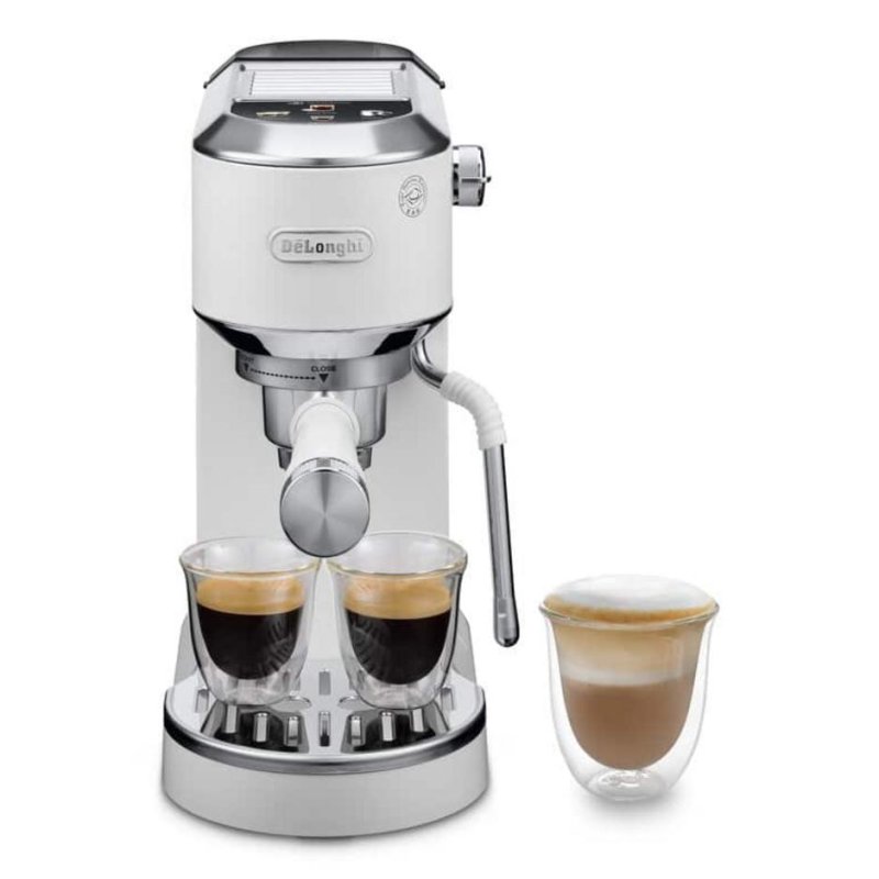 Detalle de Delonghi Dedica Duo EC890.WI, cafetera espresso compacta de 15 bares con espumador y sistema Thermoblock
