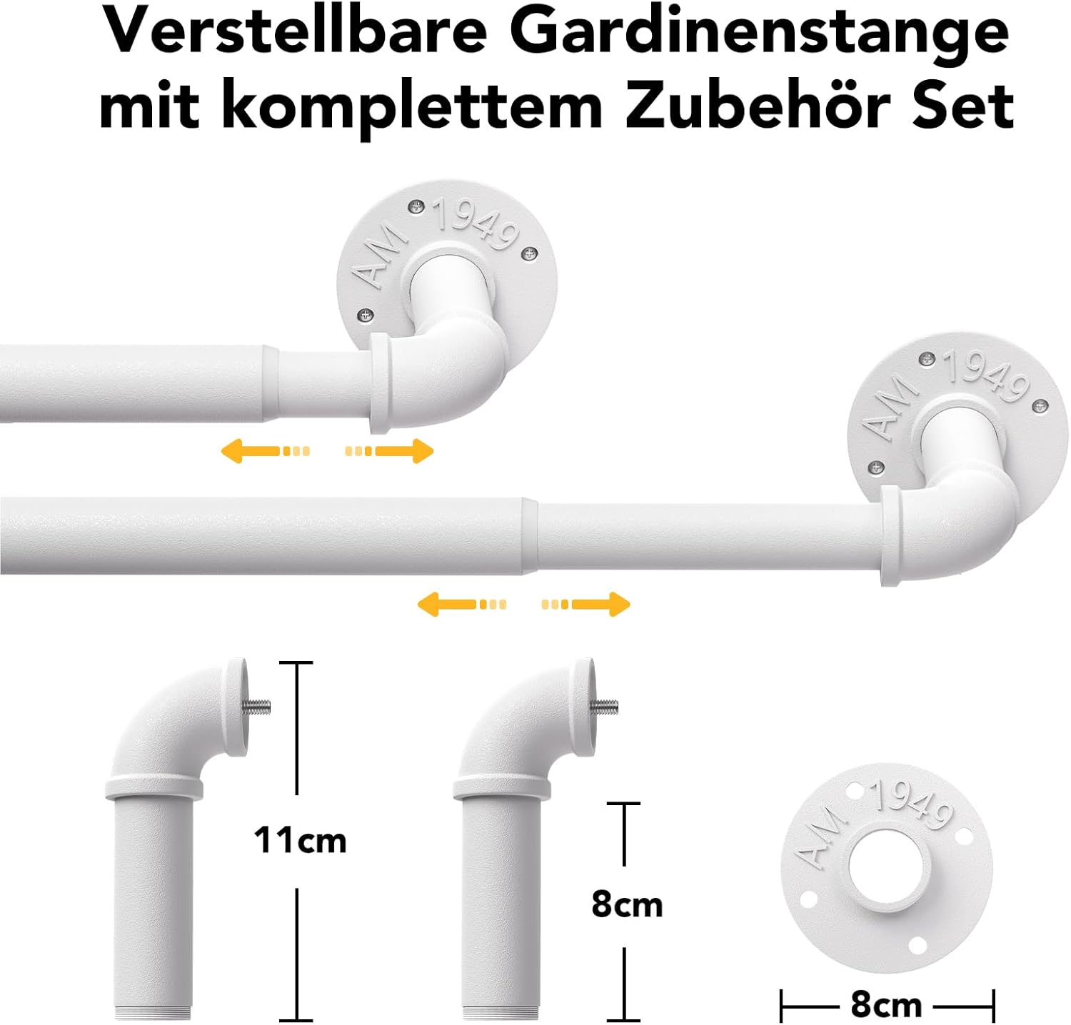 Detalle de Gardinenstange Schwarz Ausziehbar – Industrielle Vorhangstange, Decken- oder Wandmontage, 25 mm, 76–152 cm, Weiß