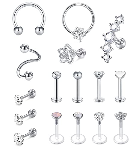 Detalle de Rajnard 16er-Tragus & Helix Piercing Set – Chirurgenstahl Silber, 16G CZ Barbell & Labret Monroe