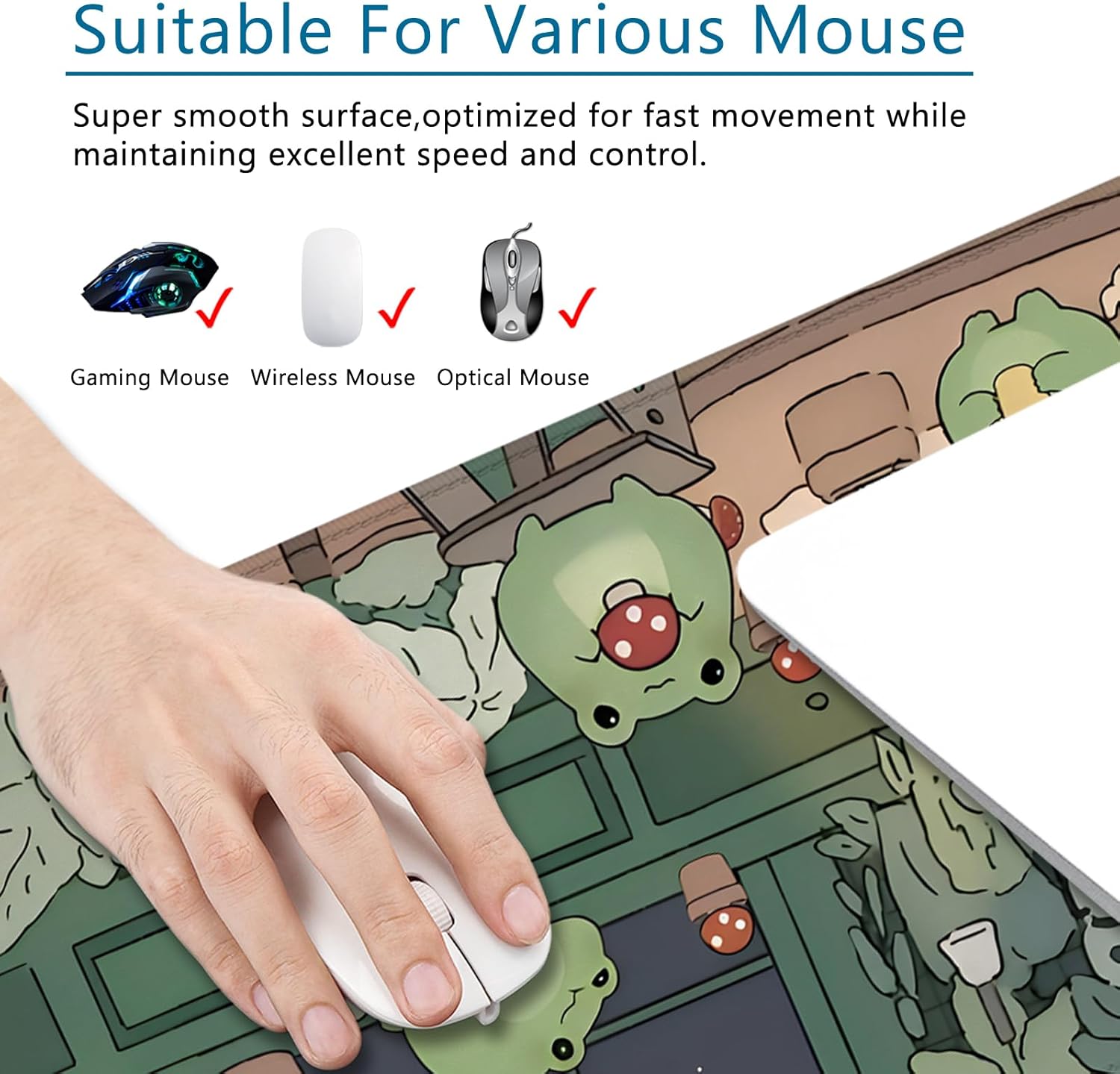 Detalle de WYDUCVI Green Frog XL Desk Pad – Large 80x30 cm Gaming Mouse Mat