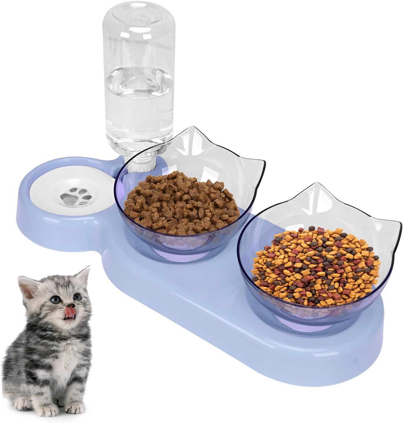 Detalle de Tilted 15° Cat Bowl with Stand – Detachable Dual Food Bowls and Gravity Water Feeder (Blue)