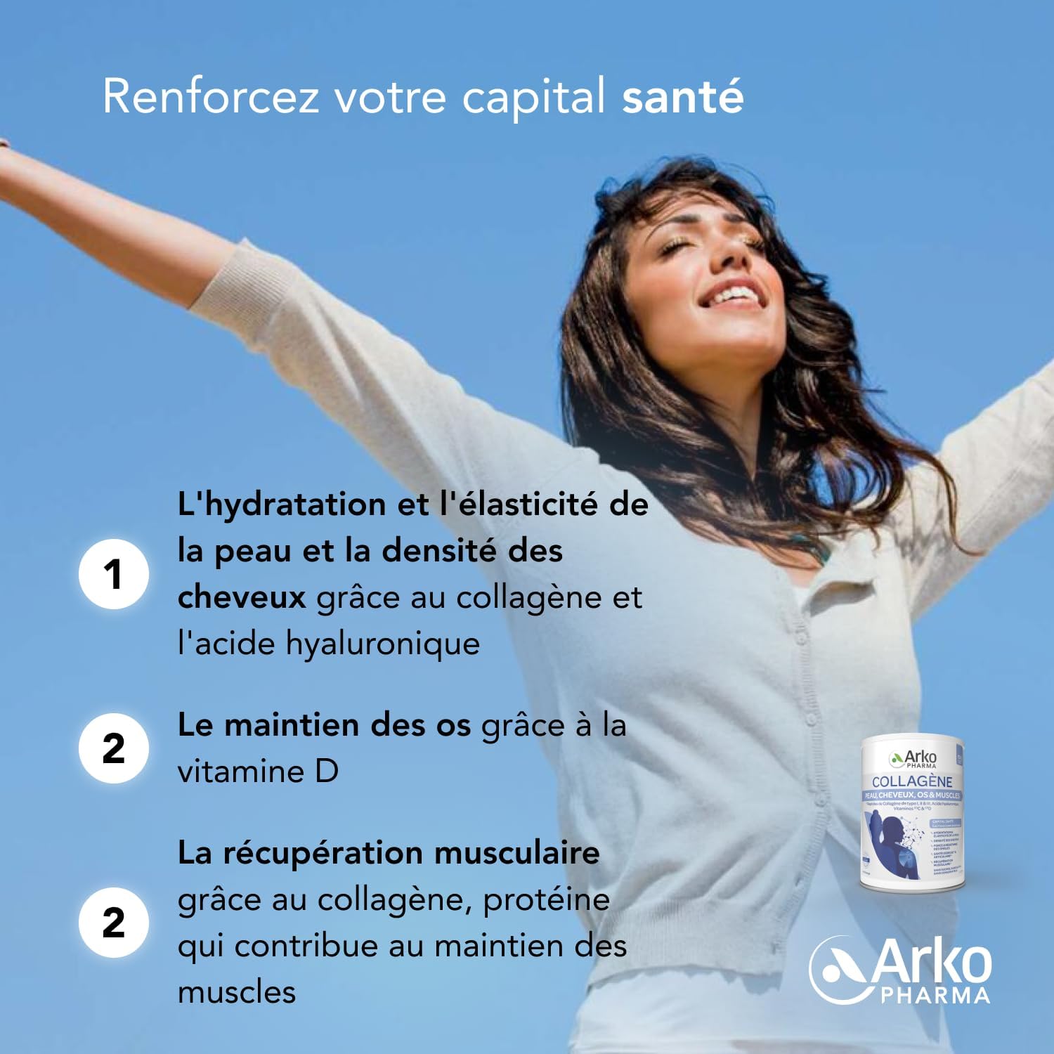 Detalle de Arkopharma Collagène Peau Cheveux Os & Muscles 260 g — complément alimentaire pour peau, cheveux, ongles, os et muscles