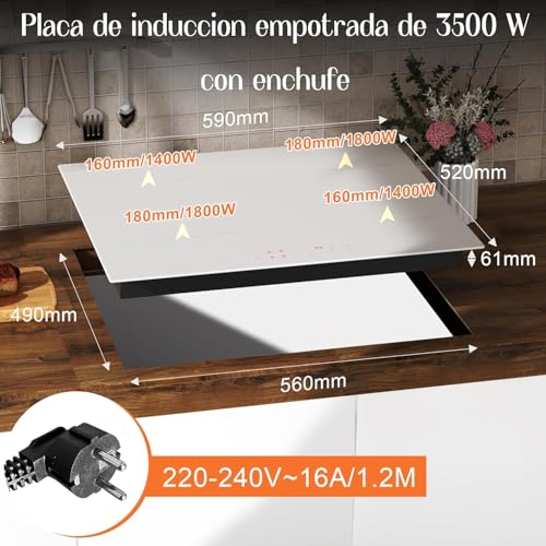 Detalle de Placa de Inducción 4 Fuegos Blanco DELITEER, 60 cm empotrable
