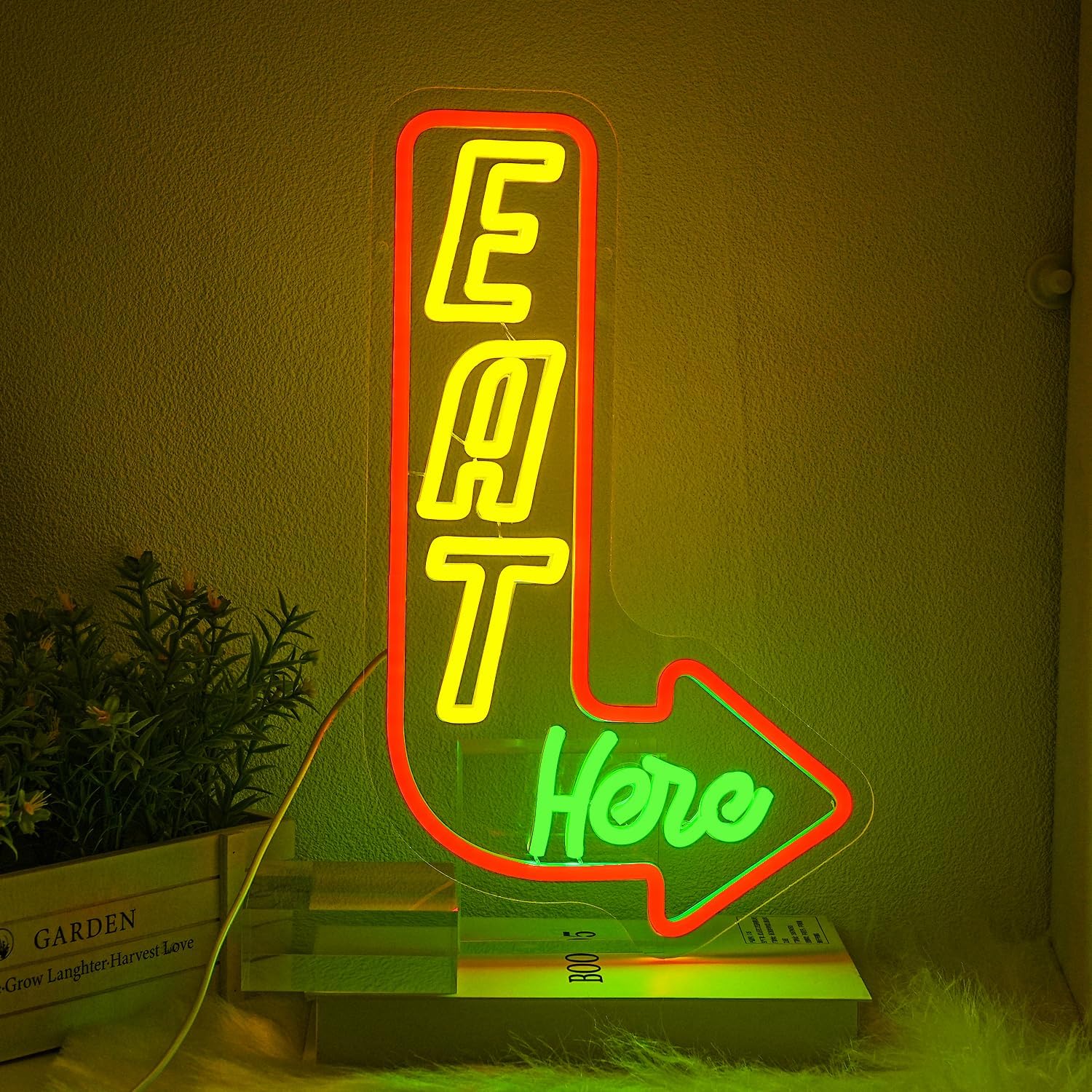 Detalle de LMSIGNLY Eat Here Neon Schild – Pfeil-Neon für Küche, Wohnzimmer und mehr