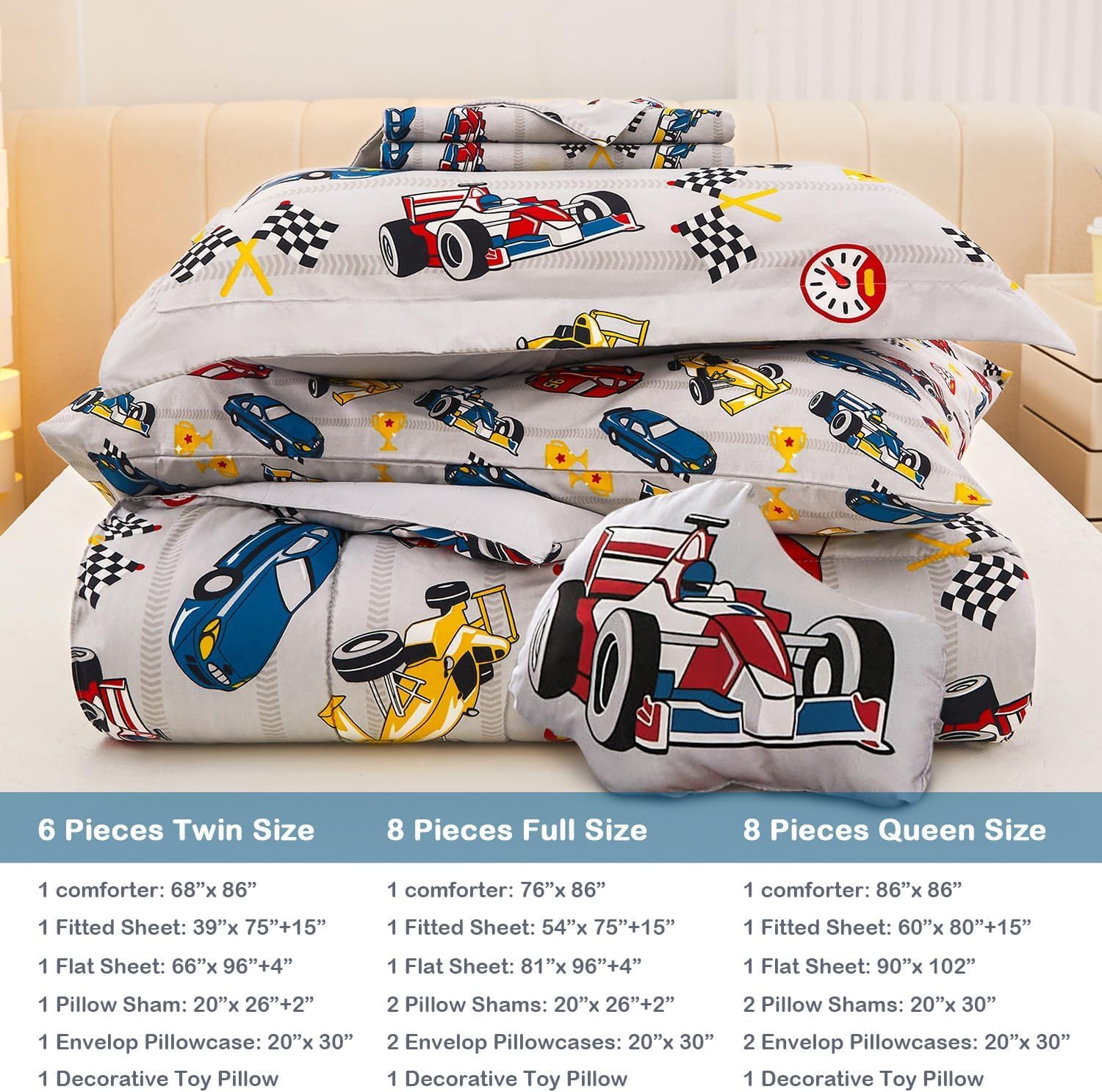Thumbnail 1 de Mooreeke Full-Size Racing Car Comforter Set, 8-Piece Microfiber Bedding
