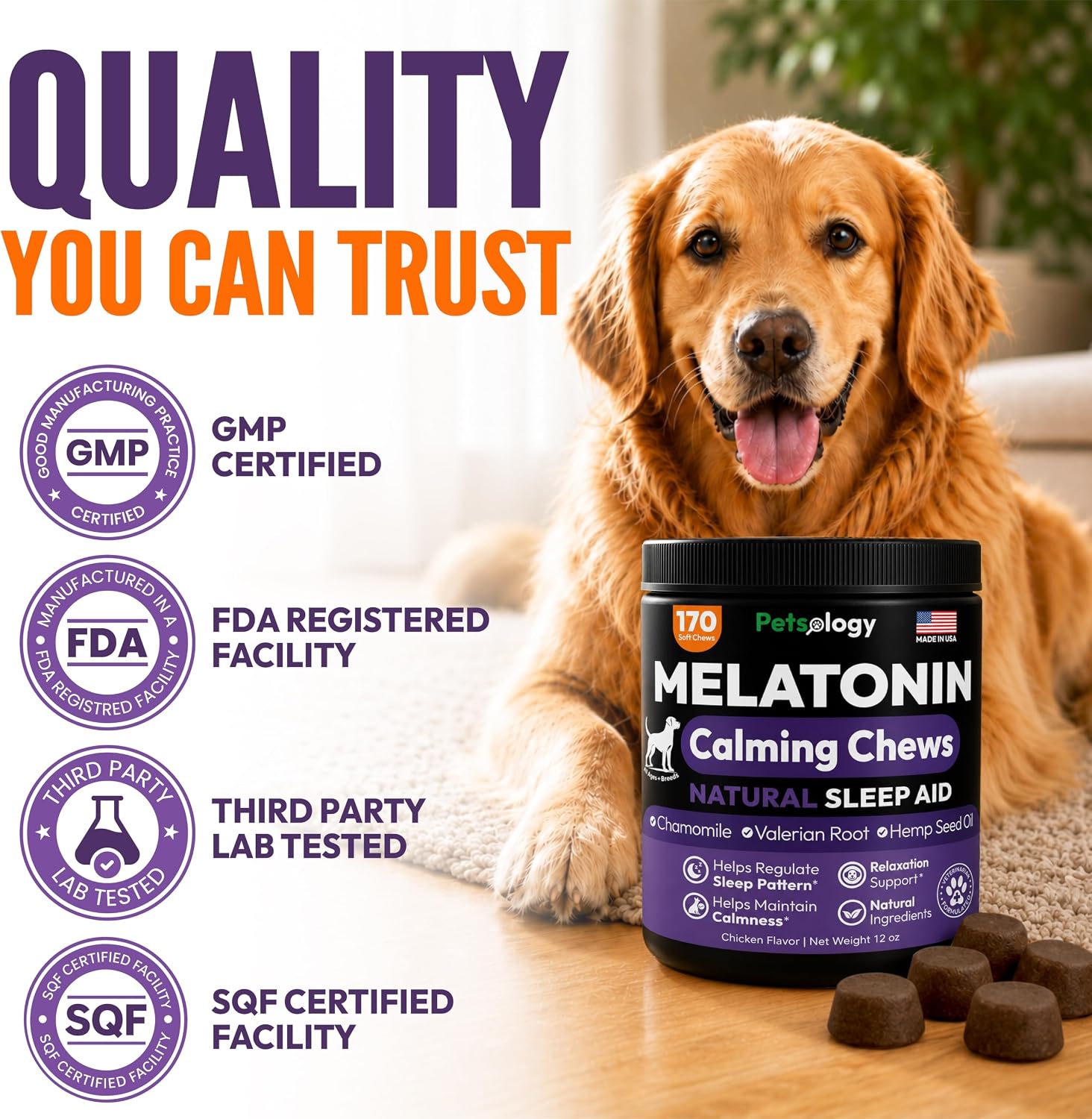 Detalle 2 de Petsology MLTND Dog Melatonin Calming Chews, 170 Chicken-Flavor Soft Chews