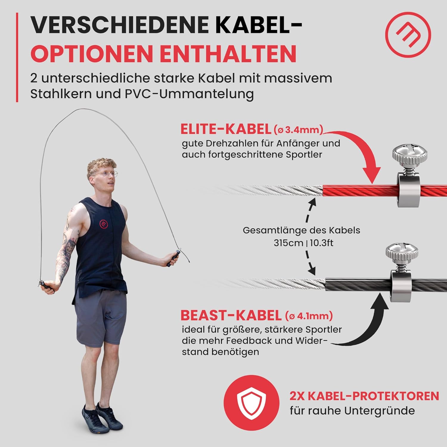 Detalle 2 de Springseil Speed Rope mit Trainings-E-Book & Ersatzkabel – 2 verstellbare Stahlseile, Profi-Kugellager