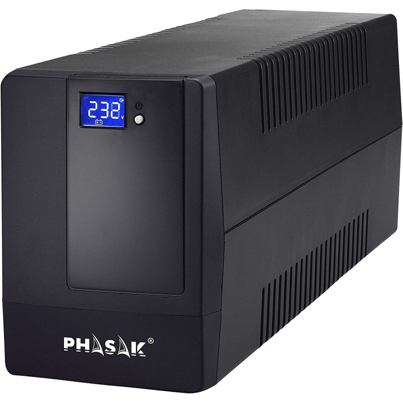 Detalle de Phasak PH 9410 1000VA SAI con pantalla LCD y monitorización USB