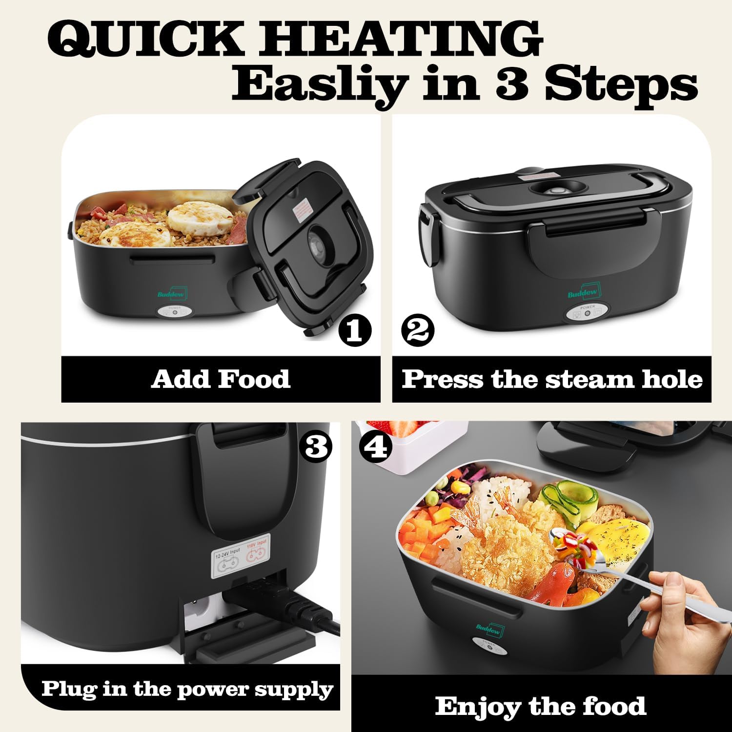 Detalle de Buddew Electric Heated Lunch Box: 80W Fast Heating, 1.5L Stainless Steel Duo, 110V/12V/24V Portable Warmer