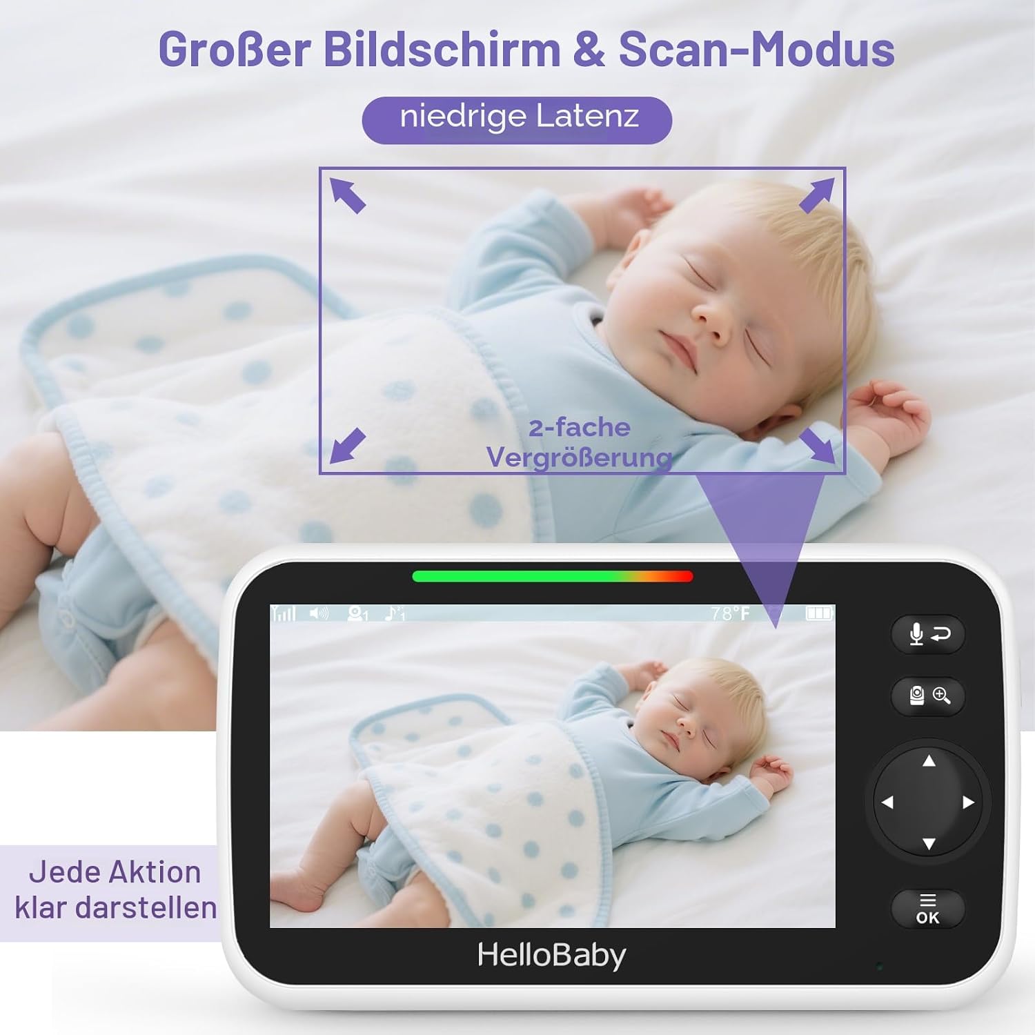 Detalle de HelloBaby Babyphone Videokamera mit 5 Zoll LCD-Farbbildschirm, Nachtsicht und Temperaturalarm