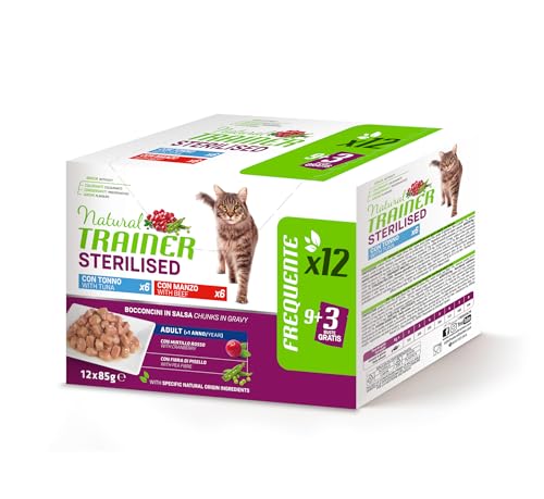 Natural Trainer Cibo Umido per Gatti Adulti Sterilizzati, Multipack Tonno e Manzo 12 x 85 g