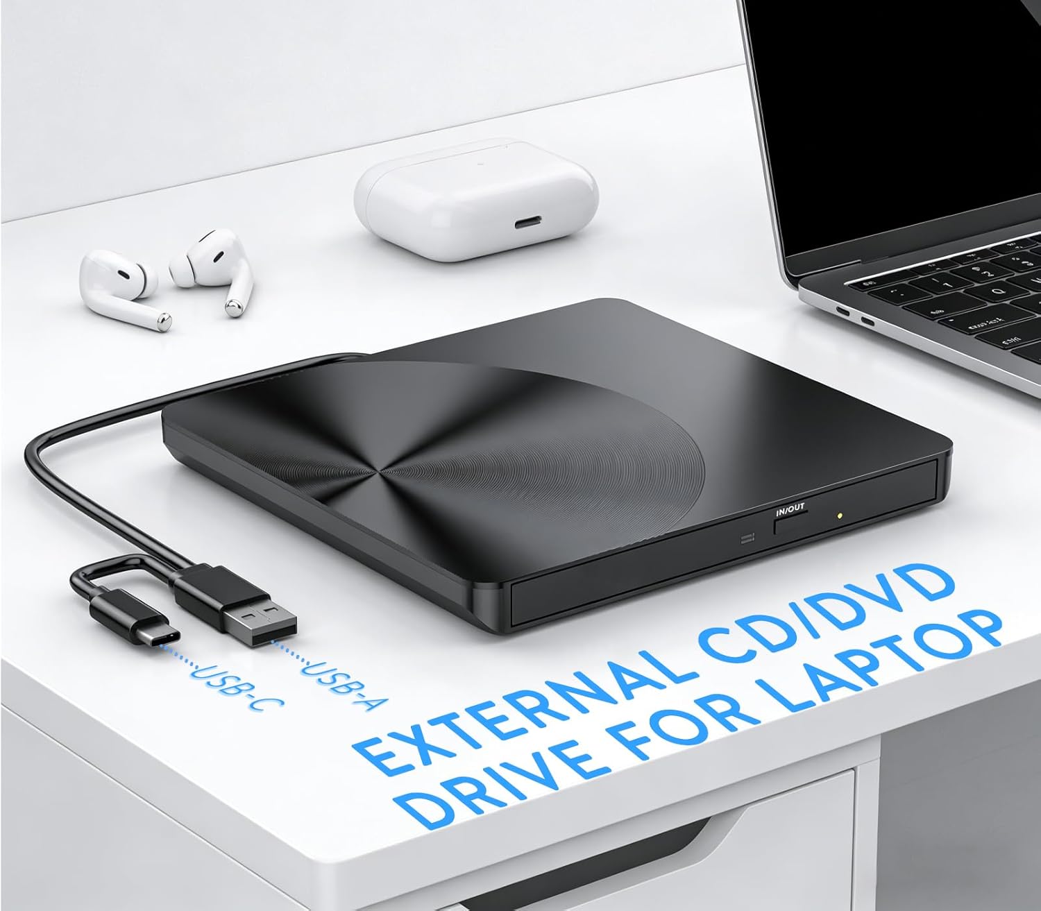 Detalle de TEMZICK External CD Drive: USB 3.0 Portable CD/DVD +/-RW Drive for Laptops, Desktops and Mac