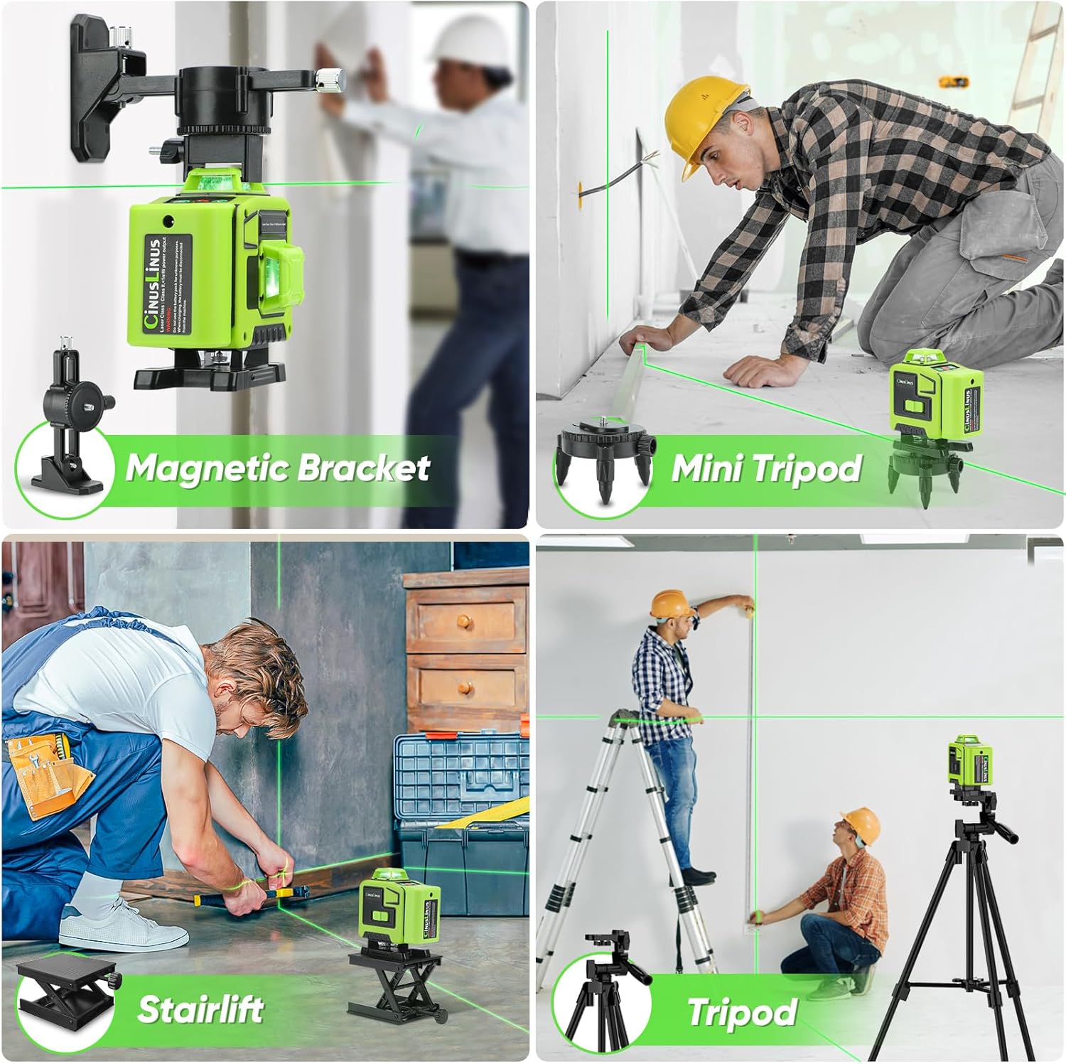 Detalle 1 de CinusLinus 360-12 4×360° Green Laser Level with Tripod, Self-Leveling