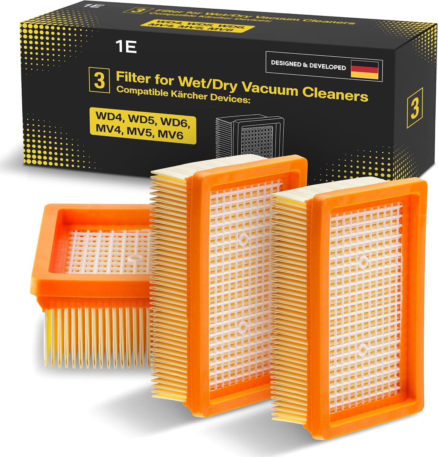 1E veckade plattfilter för Kärcher WD4–WD6 och MV4–MV6, 3-pack
