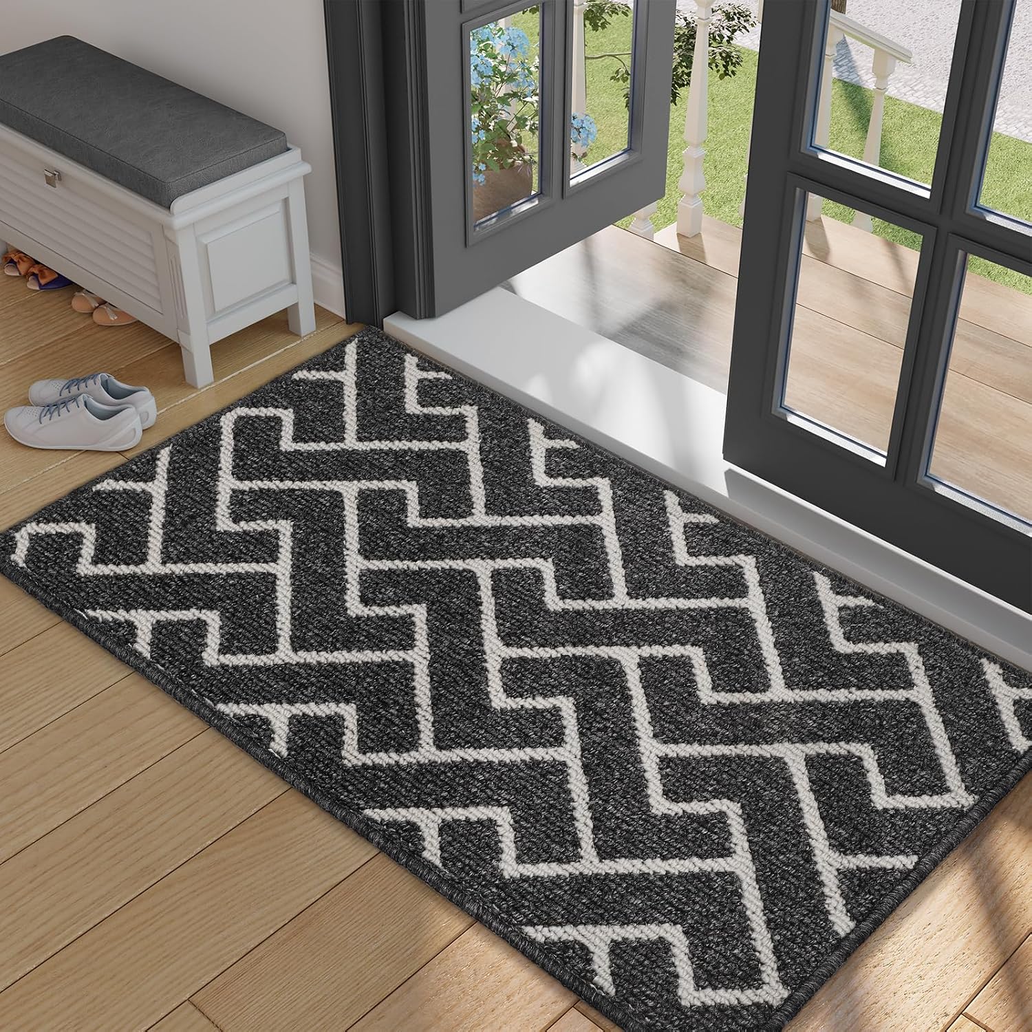 Detalle de hicorfe Front Door Mat Outside Entrance, 24" x 35" – Absorbent, Muddy Dirt Resistant, Welcome Mat with Non-Slip Backing (Dark Grey)