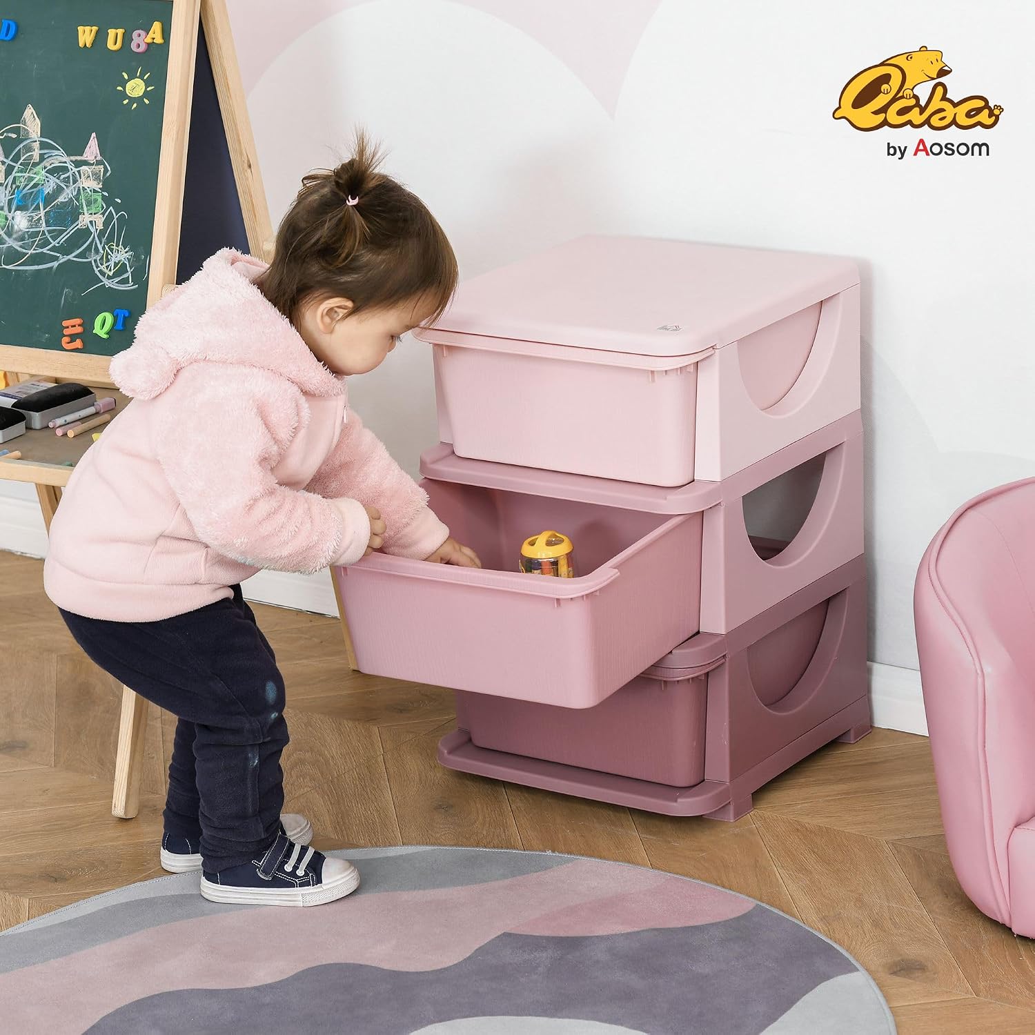 Detalle de Qaba 3-Drawer Kids Storage Organizer, 3-Tier Pink Toy Chest