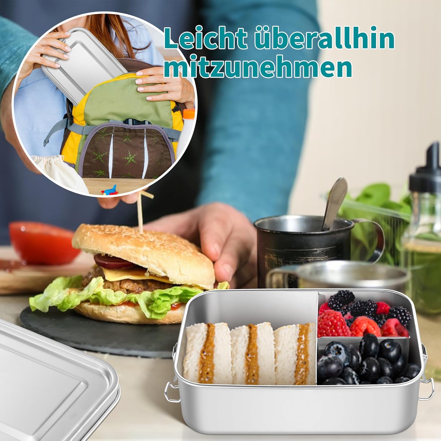 Thumbnail 5 de HaWare Brotdose mit Fächern – 2400 ml Edelstahl Lunchbox, auslaufsicher, mit abnehmbarer Trennwand, spülmaschinenfest
