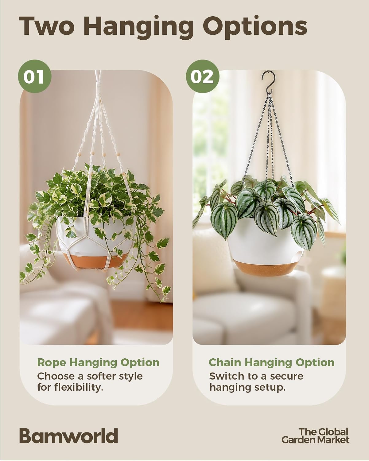 Detalle de Bamworld Set di 3 Portavasi da Appendere in Macramé con Autorinnaio – Vasi Sospesi 28/23/20 cm, Bianco