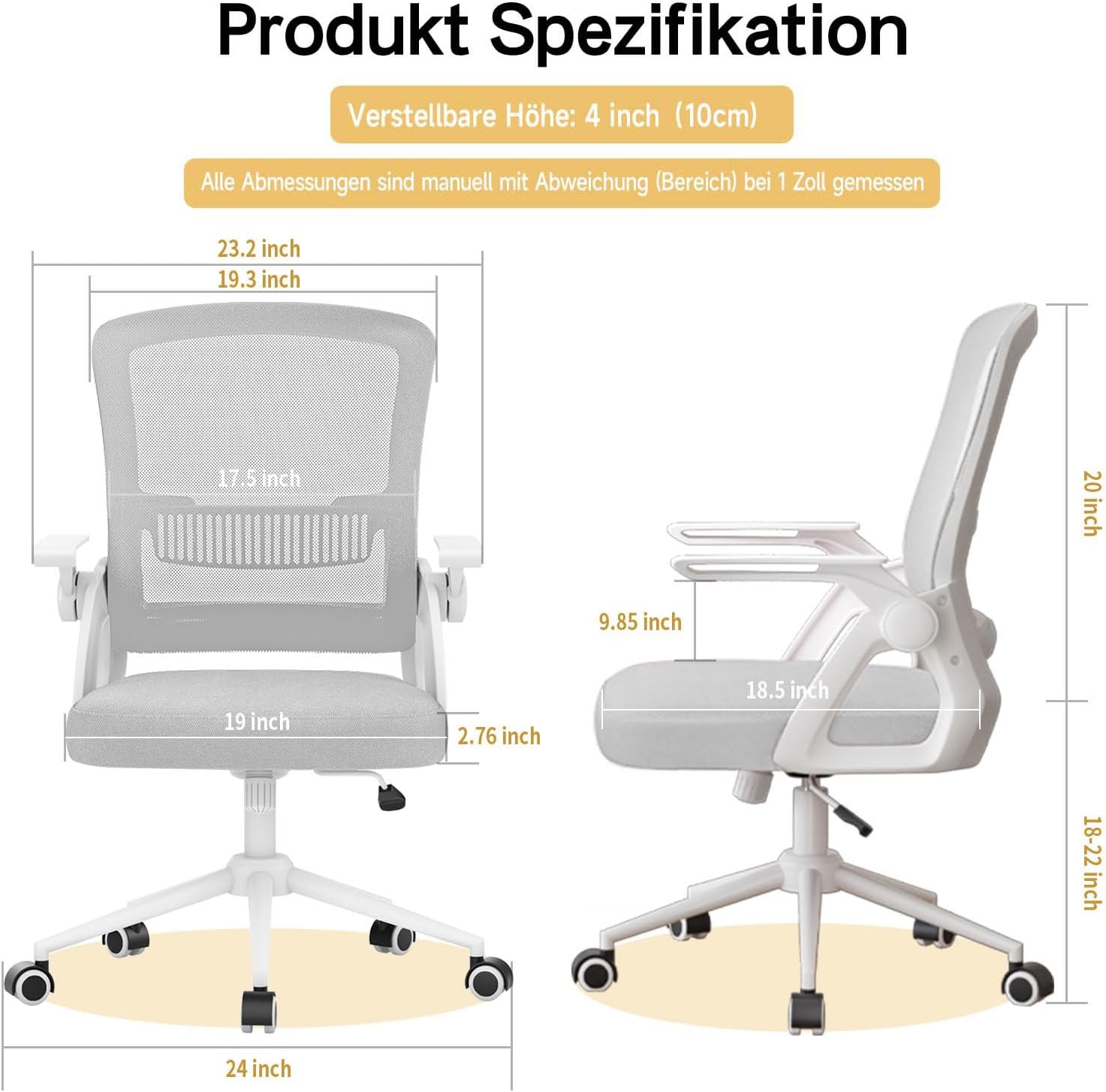 Detalle 2 de nasPaluro Ergonomischer Bürostuhl mit Mesh-Rückenlehne – höhenverstellbar, 90° klappbare Armlehnen, grau