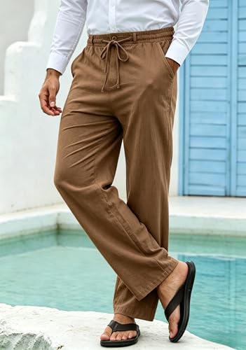Thumbnail 3 de Cegerne Pantaloni di Lino Uomo Estivo Lungo Leggero con Vita Elastica e Coulisse – Colore Kaki