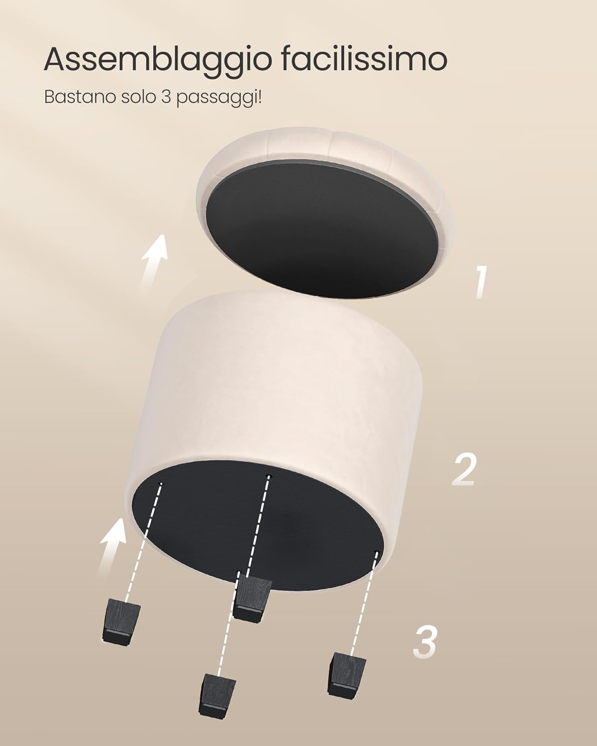 Detalle 2 de SONGMICS Pouf Contenitore Rotondo LOM012W01: Cassapanca in velluto bianco crema, 42 L di capacità, supporto fino a 150 kg