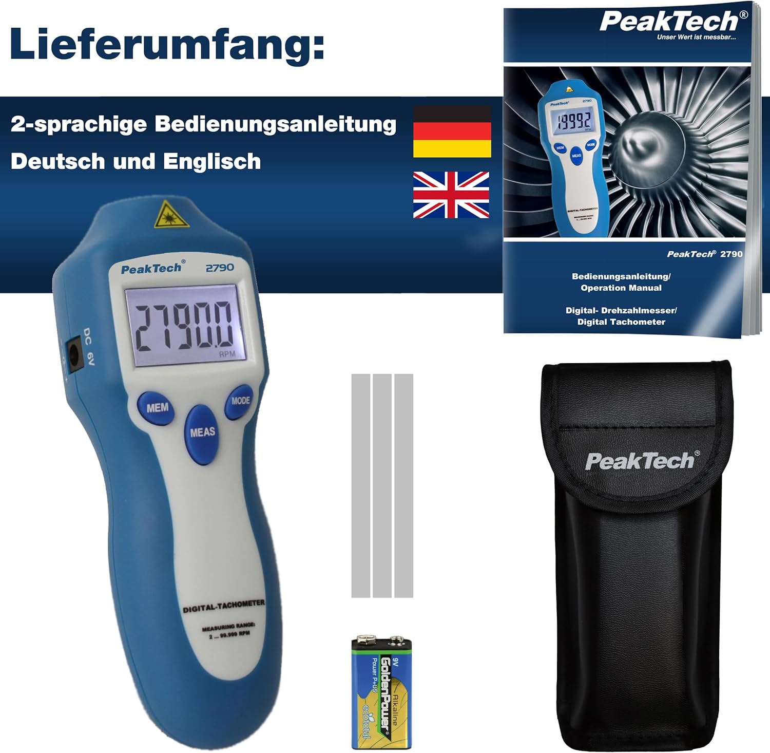 Thumbnail 6 de PeakTech P 2790 Drehzahlmessgerät / Tachometer – berührungslos, 2 bis 99.999 UPM