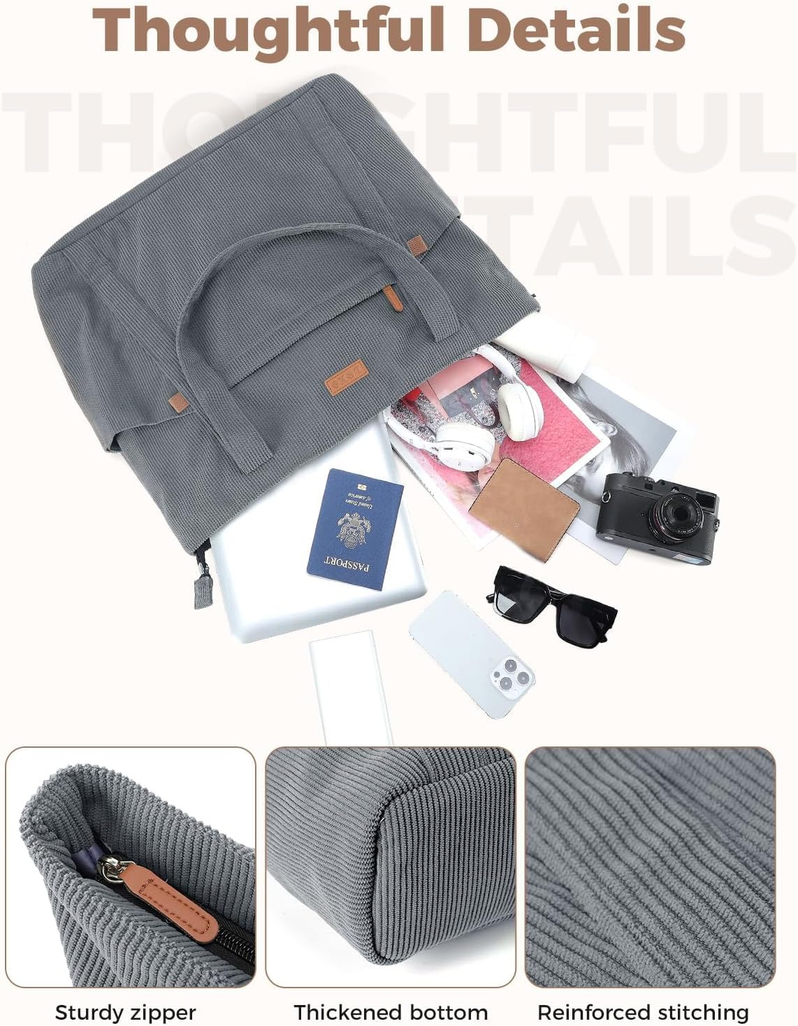 Detalle de Lekespring Large Capacity Corduroy Laptop Tote Bag for Women (42 x 12 x 34 cm)
