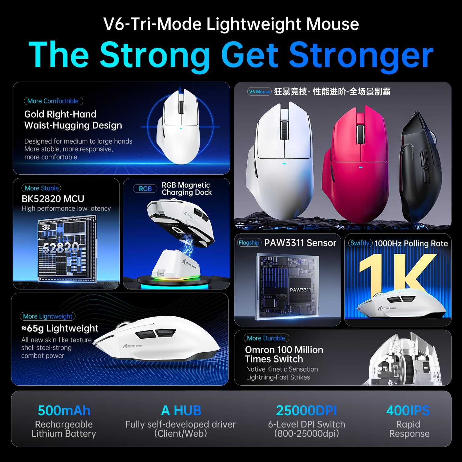 Thumbnail 2 de ATTACK SHARK V6 65g Superlight Mouse with Magnetic Charging Dock
