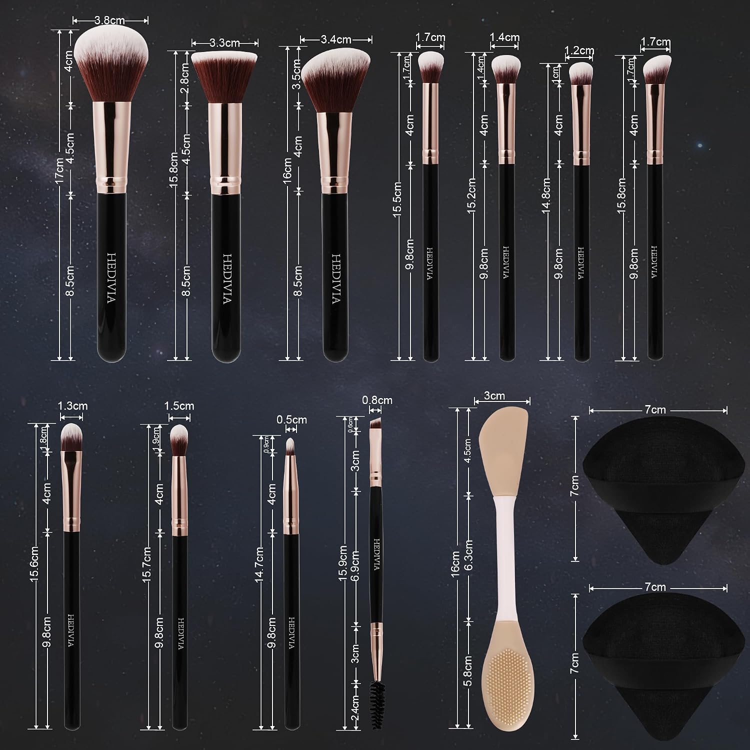 Thumbnail 6 de HEDIVIA Black 14-Piece Makeup Brushes Set (Synthetic Foundation, Concealer, Powder, Blush, Eyeshadow) + Powder Puffs & Dual-Ended Mask Applicator