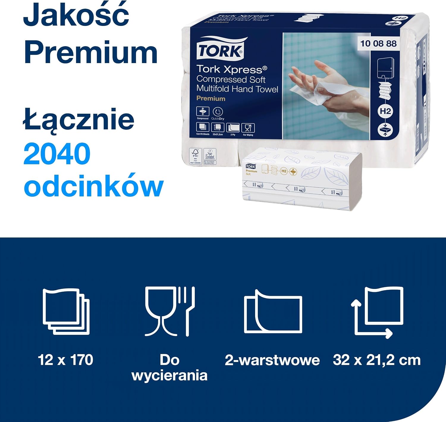 Detalle de Tork 100888 Xpress H2 – 2-warstwowe ręczniki papierowe składane w M