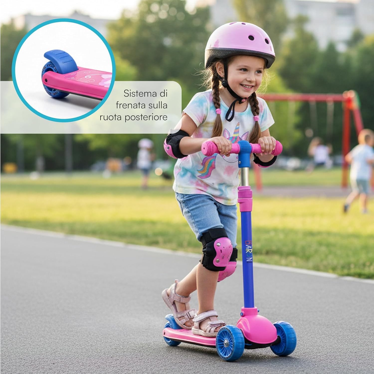 Detalle de Baroni Toys Monopattino a 3 Ruote LED per Bambini dai 3 Anni – Manubrio Regolabile e Freno Posteriore