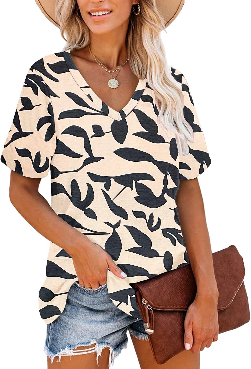 Detalle de MOLERANI Damen-T-Shirt Kurzarm V-Ausschnitt gestreift – Sommer-Top, Größe S–2XL