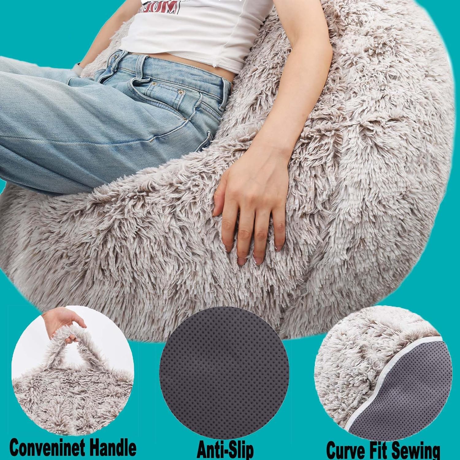 Detalle 1 de Kisoy KQ-001CamelS Stuffed Animal Storage Bean Bag Cover, Heather Camel Faux Fur