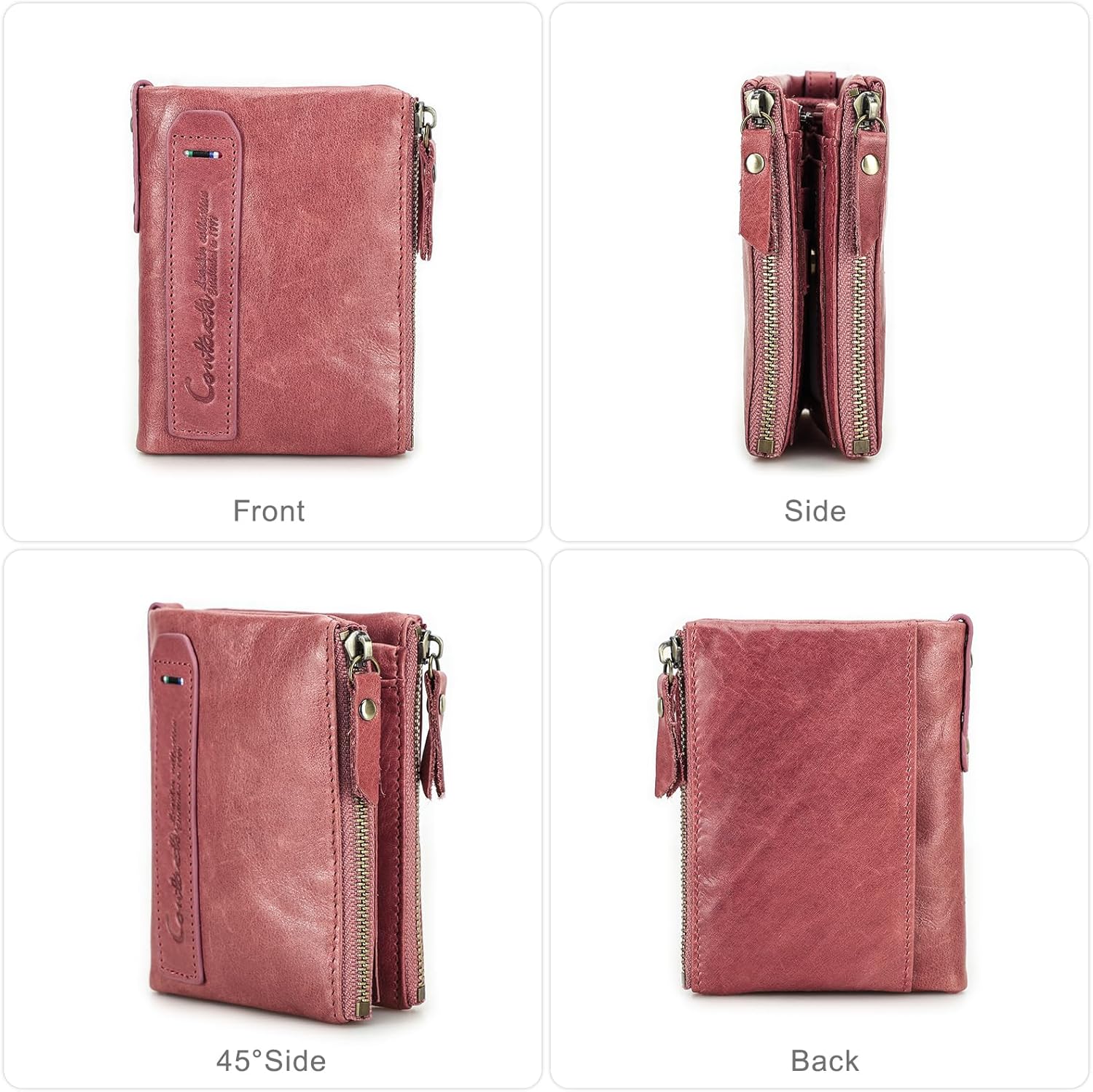 Detalle de CONTACTS RFID Short Leather Wallet for Women – Dark Pink with Double Zipper