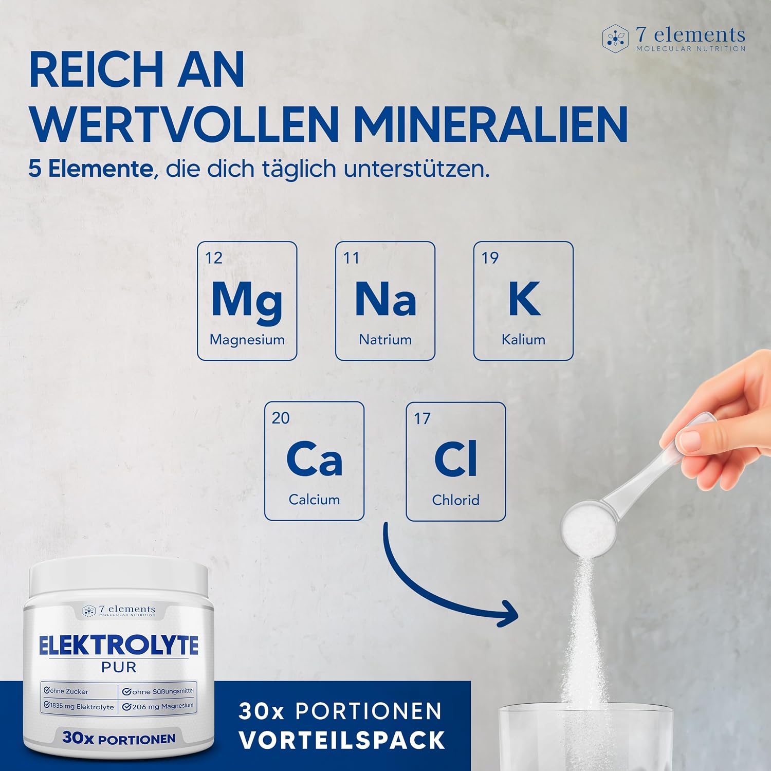 Detalle de Elektrolyte PUR – Isotonisches Getränk ohne Zucker, 210 g (30 Portionen) – Keto-kompatibel, vegan, laborgeprüft