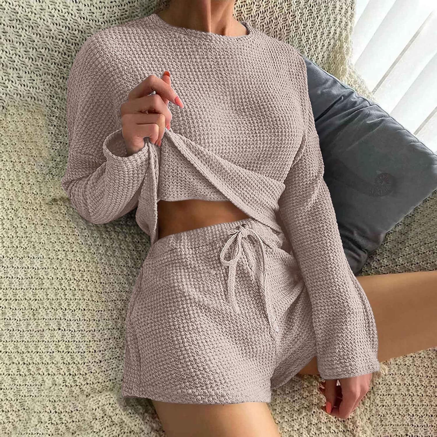 Detalle de Ekouaer Ensemble de Pyjama Femme à Manches Longues Gaufre - Haut + Bas avec Poches, Tailles S à XXL